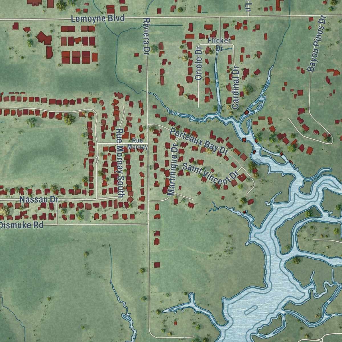 Second close-up of the map of St. Martin, Mississippi print showing more streets and buildings