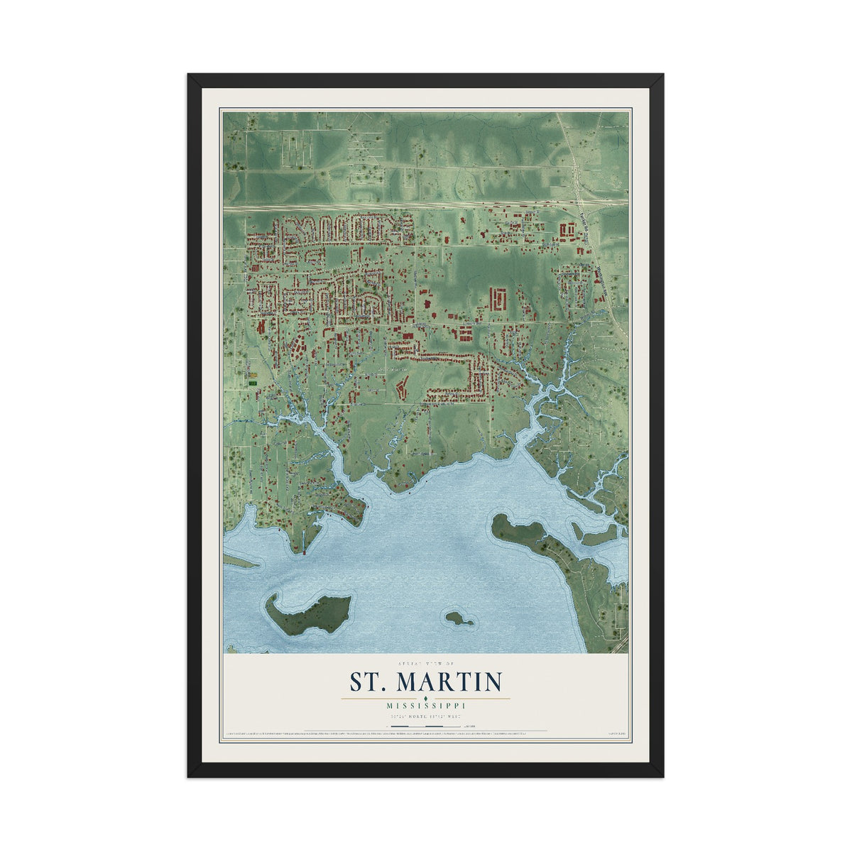 Map of St. Martin, Mississippi, 12 x 18 inch print in a black wood frame