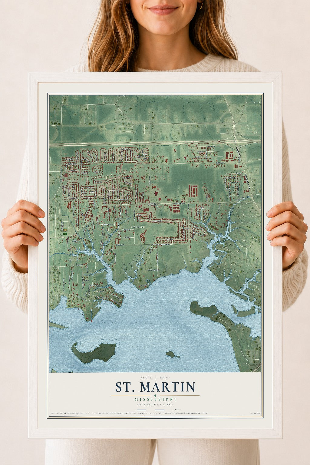 Map of St. Martin, Mississippi, 18 x 24 inch print in a white wood frame