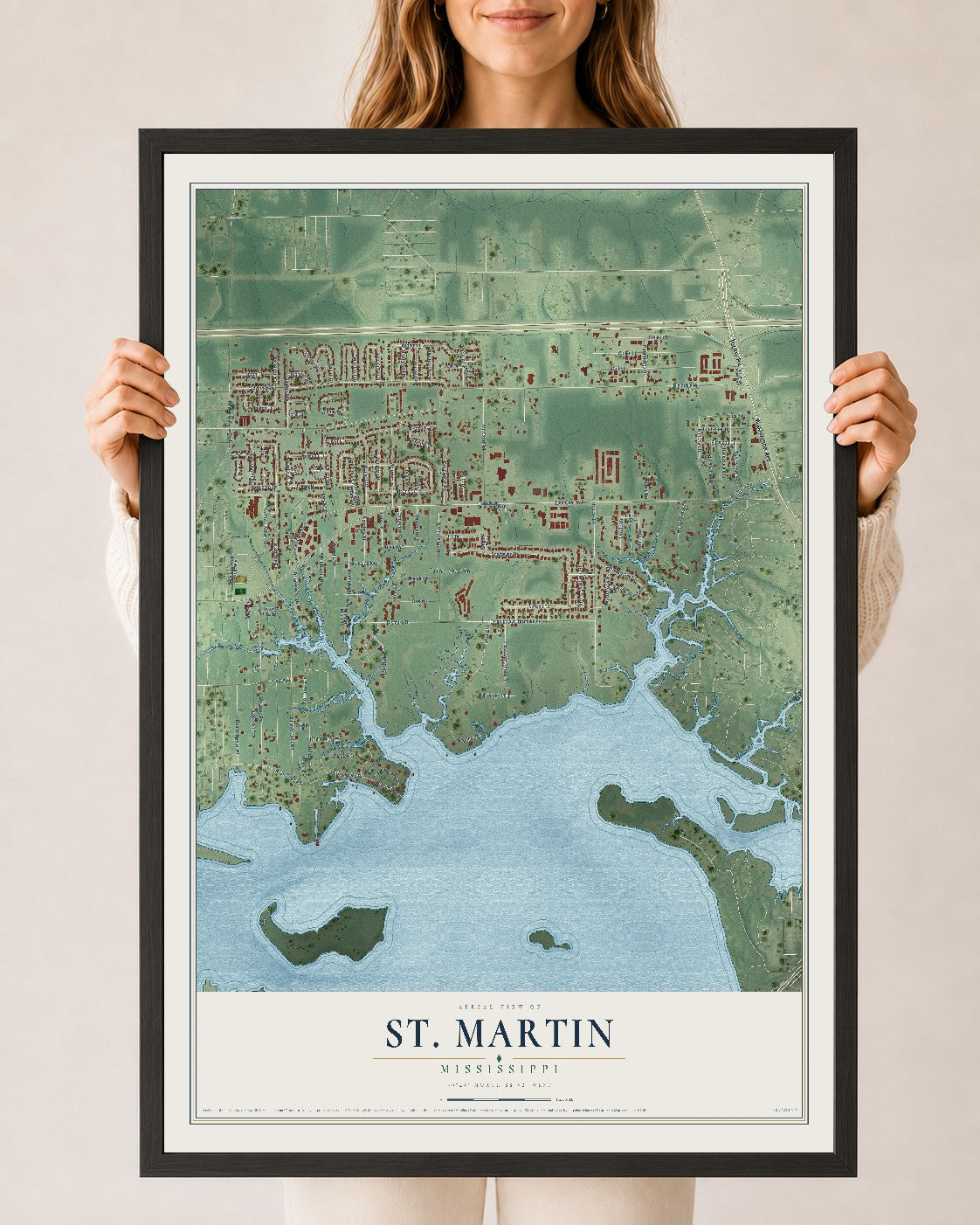 Map of St. Martin, Mississippi, 24 x 36 inch print in a black wood frame