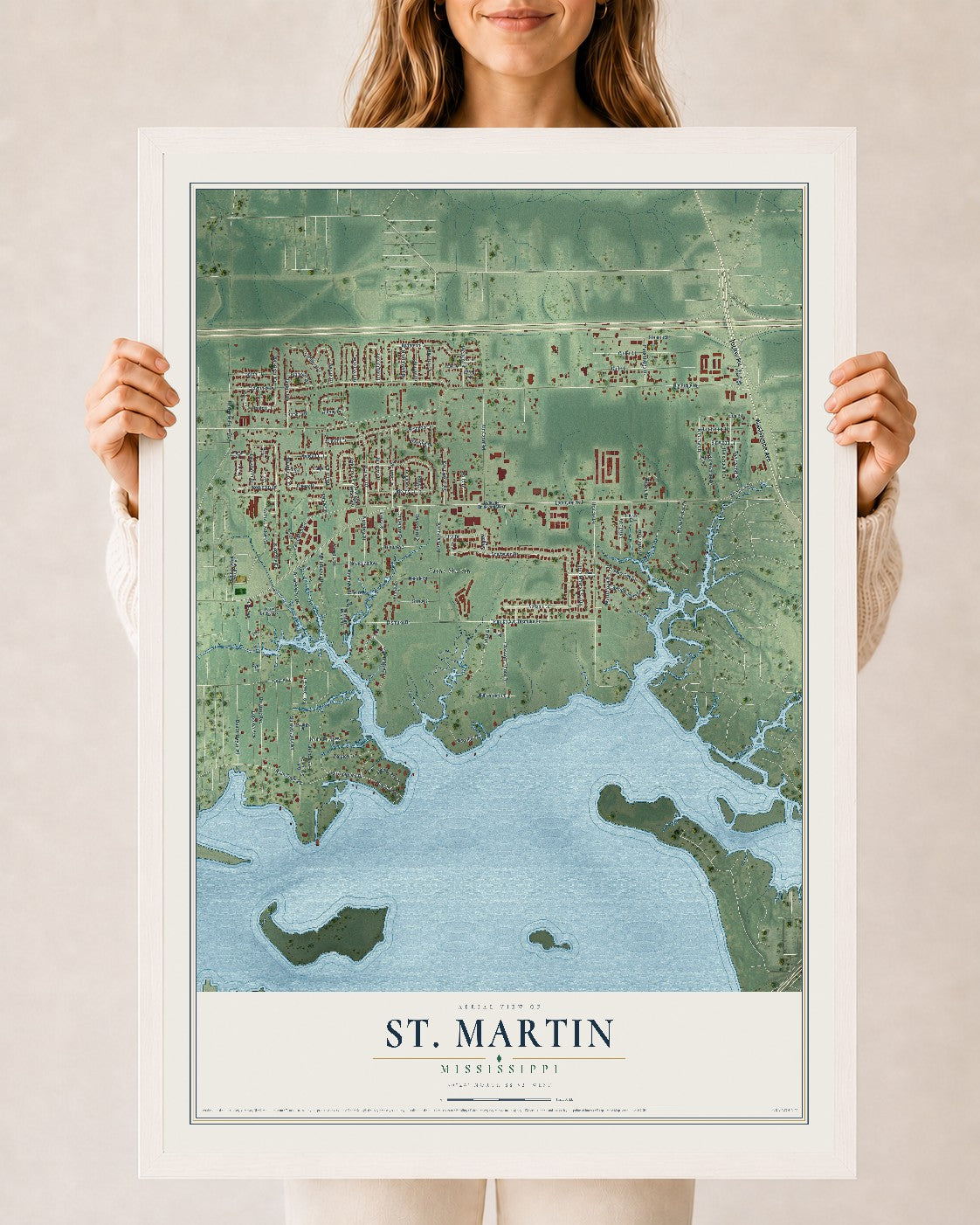 Map of St. Martin, Mississippi, 24 x 36 inch print in a white wood frame
