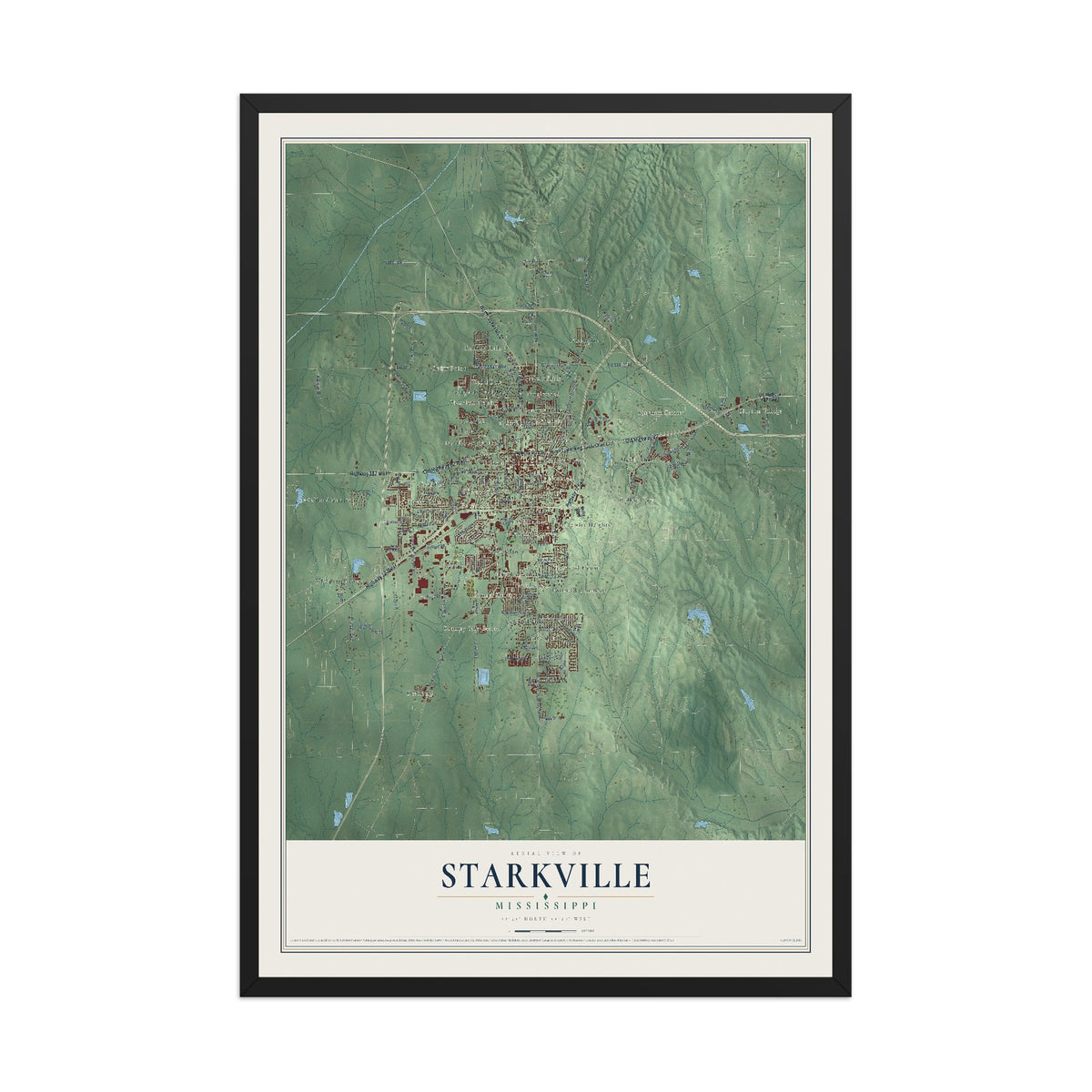 Map of Starkville, Mississippi, 12 x 18 inch print in a black wood frame