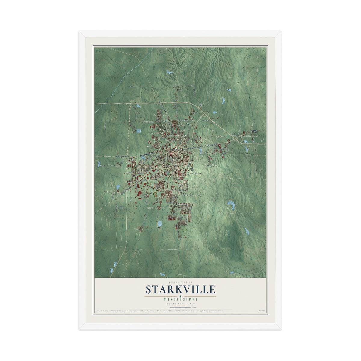 Map of Starkville, Mississippi, 12 x 18 inch print in a white wood frame