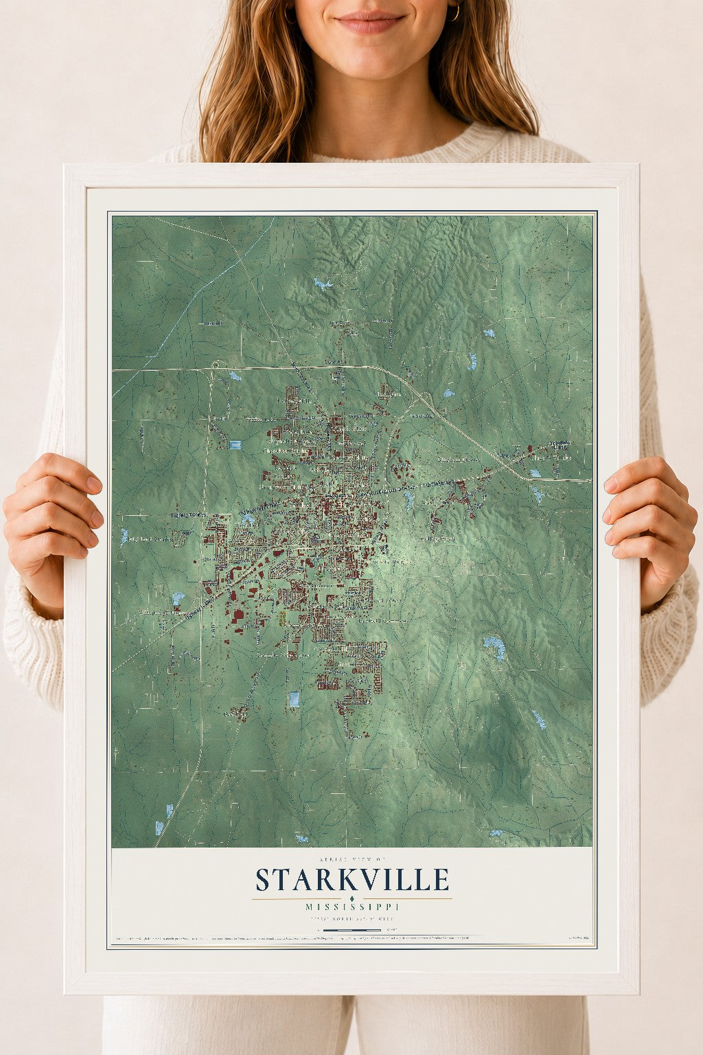 Map of Starkville, Mississippi, 18 x 24 inch print in a white wood frame