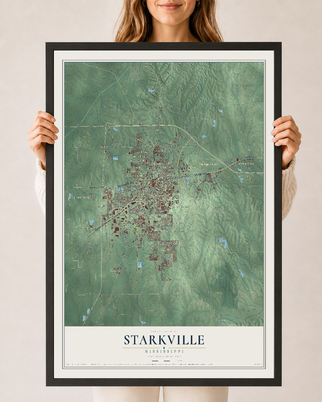 Map of Starkville, Mississippi, 24 x 36 inch print in a black wood frame