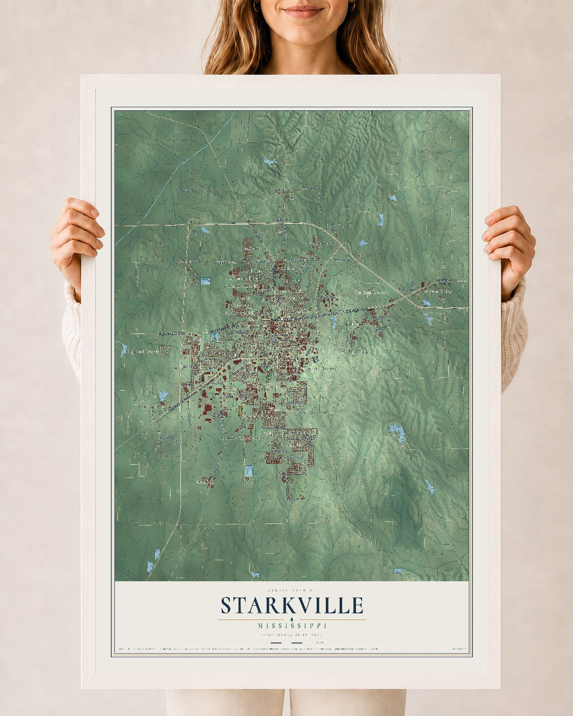 Map of Starkville, Mississippi, 24 x 36 inch print in a white wood frame