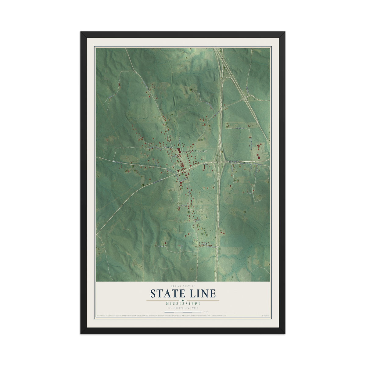 Map of State Line, Mississippi, 12 x 18 inch print in a black wood frame