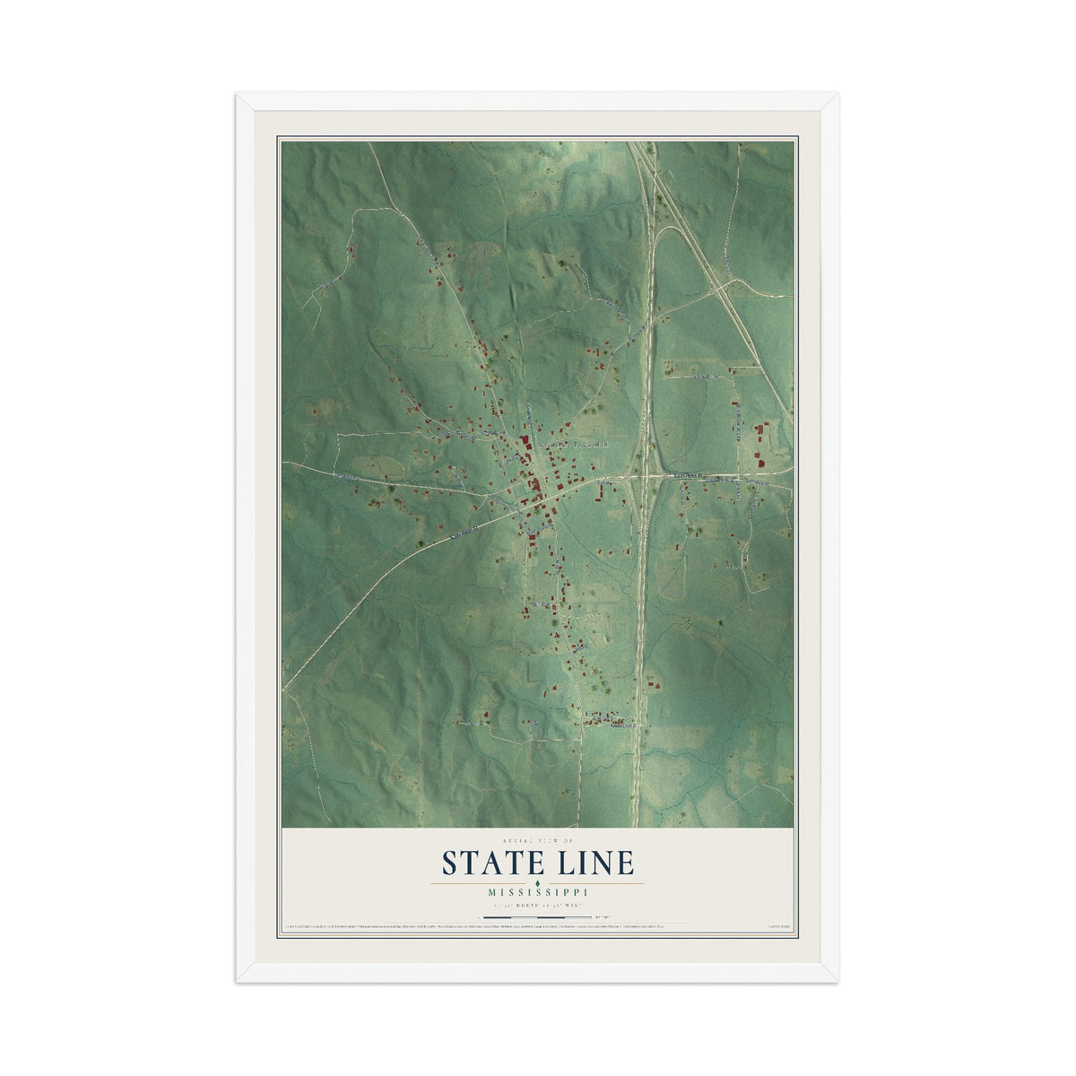 Map of State Line, Mississippi, 12 x 18 inch print in a white wood frame