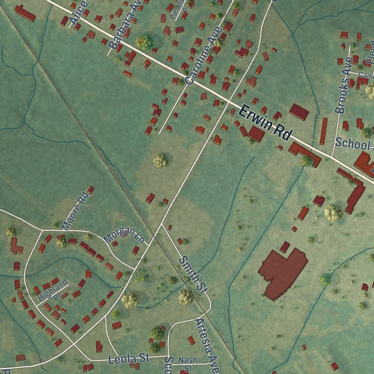 Second close-up of the map of Stonewall, Mississippi print showing more streets and buildings