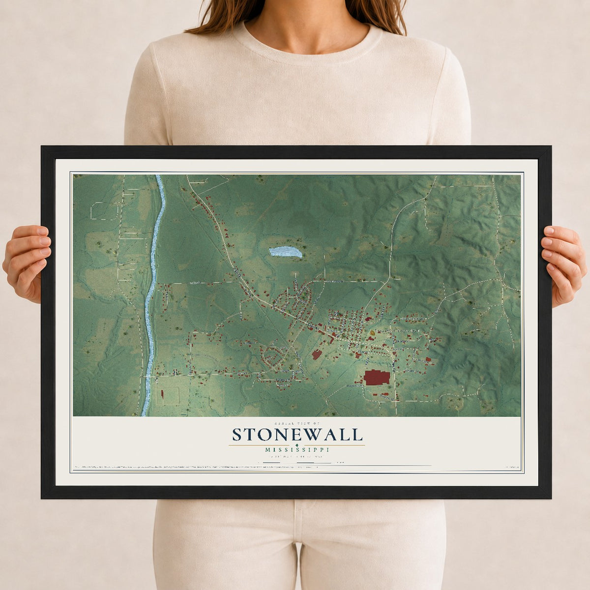 Map of Stonewall, Mississippi, 12 x 18 inch print in a black wood frame
