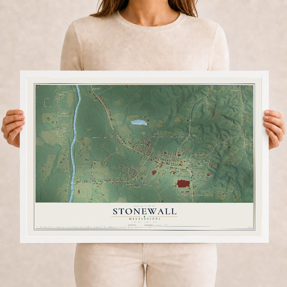 Map of Stonewall, Mississippi, 12 x 18 inch print in a white wood frame