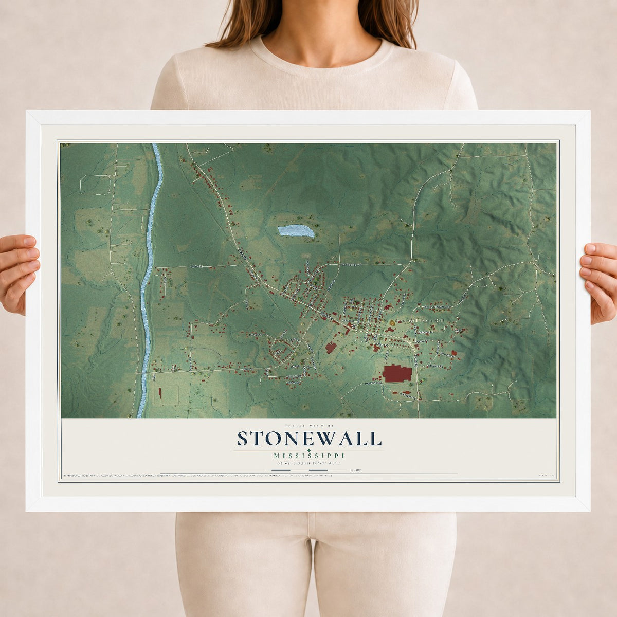 Map of Stonewall, Mississippi, 18 x 24 inch print in a white wood frame