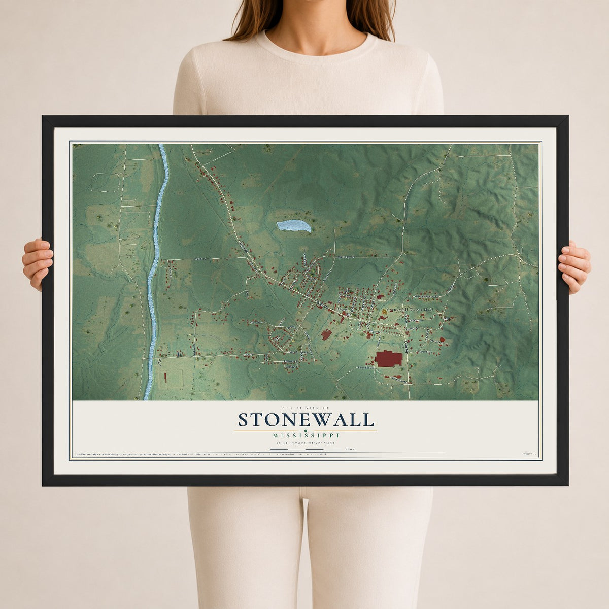 Map of Stonewall, Mississippi, 24 x 36 inch print in a black wood frame