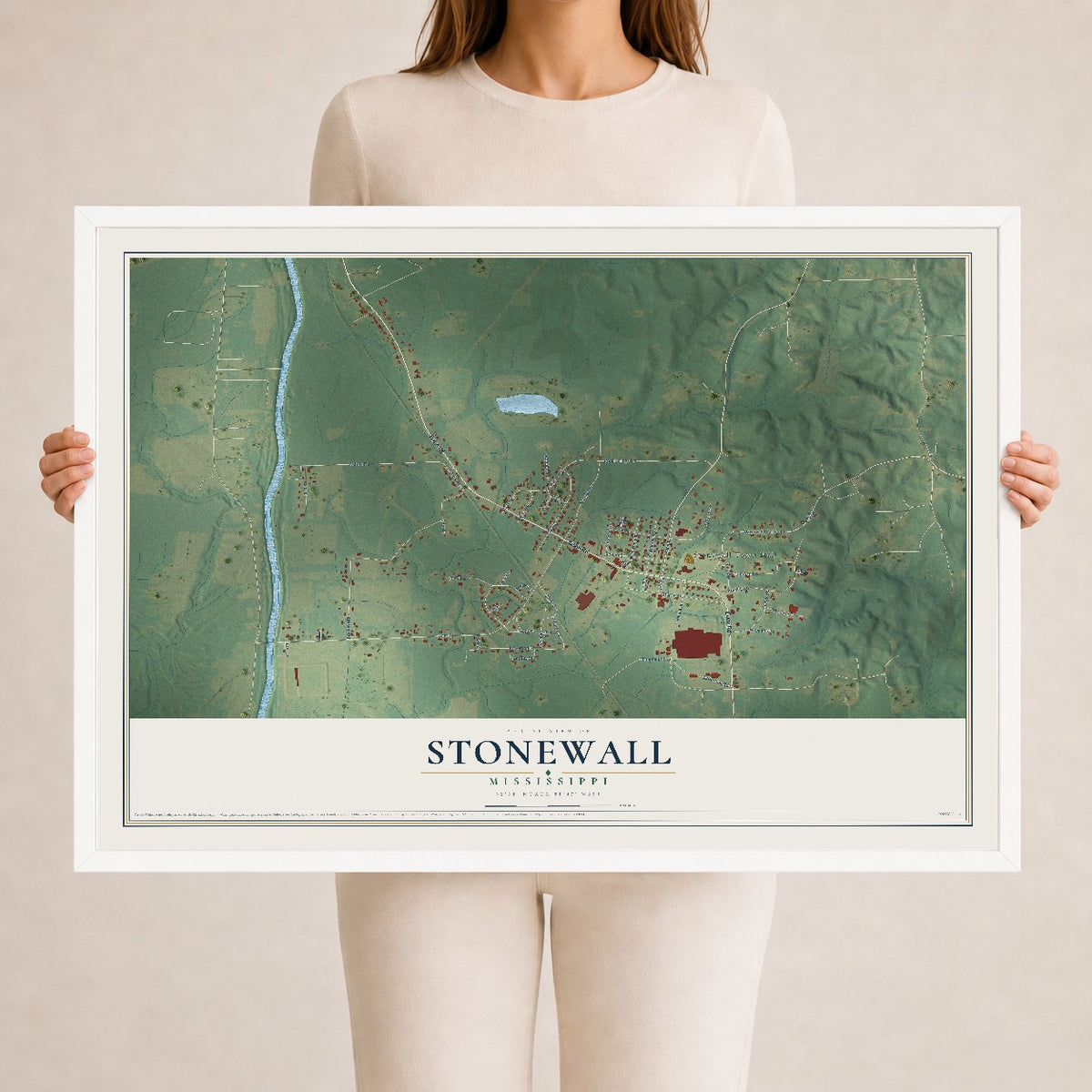 Map of Stonewall, Mississippi, 24 x 36 inch print in a white wood frame