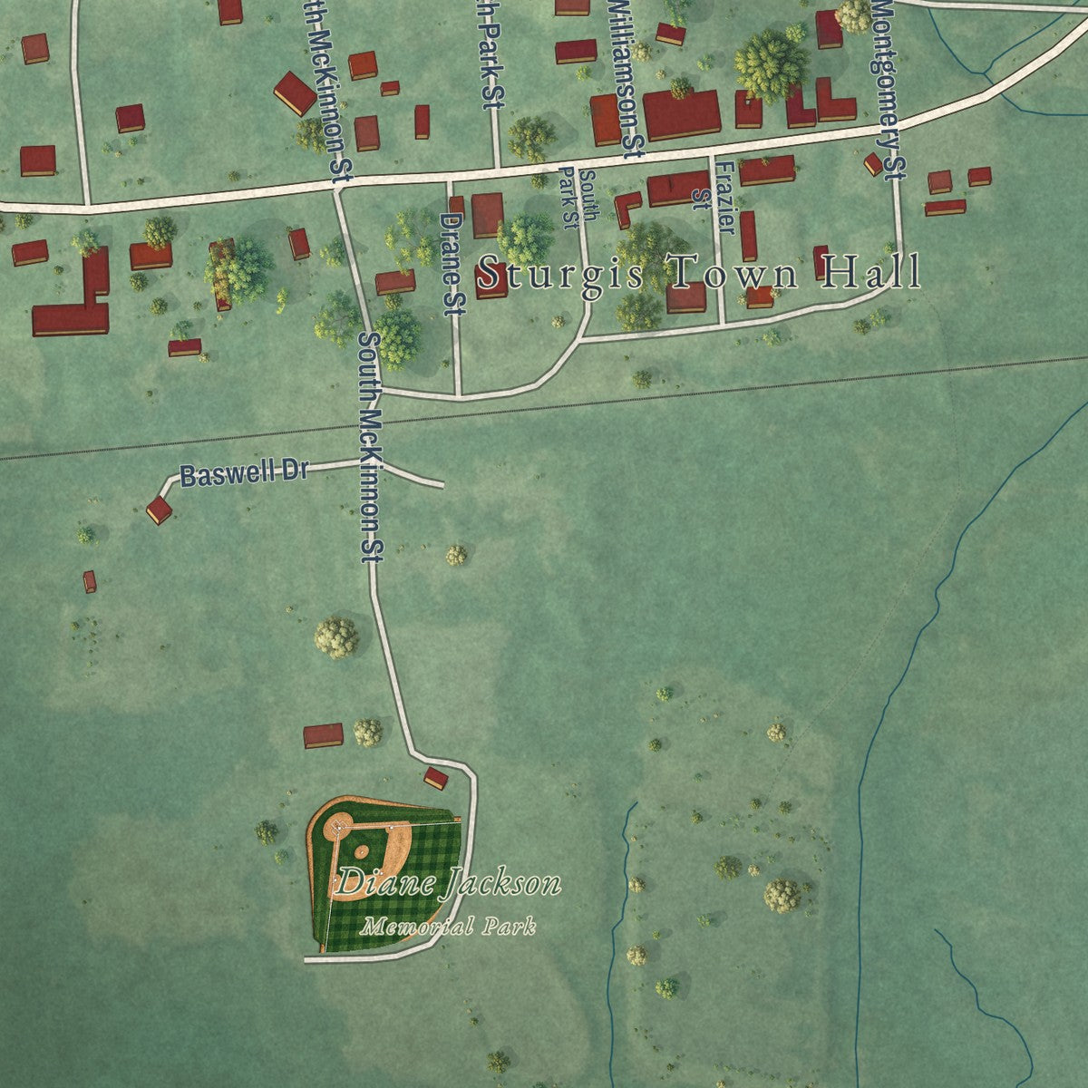 Close-up of the map of Sturgis, Mississippi print showing street and building detail