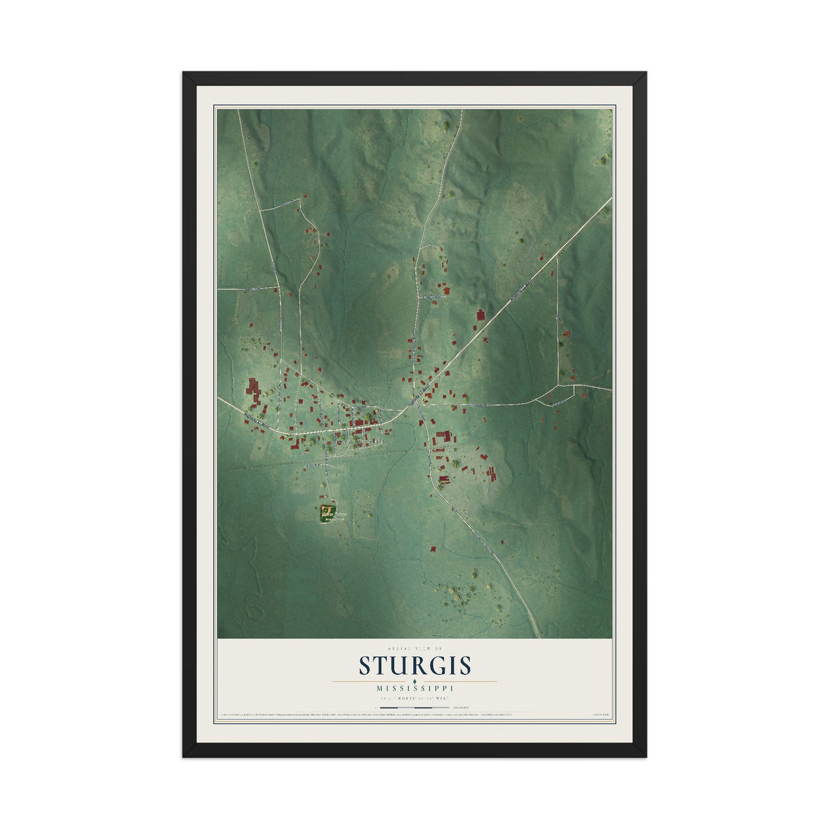 Map of Sturgis, Mississippi, 12 x 18 inch print in a black wood frame