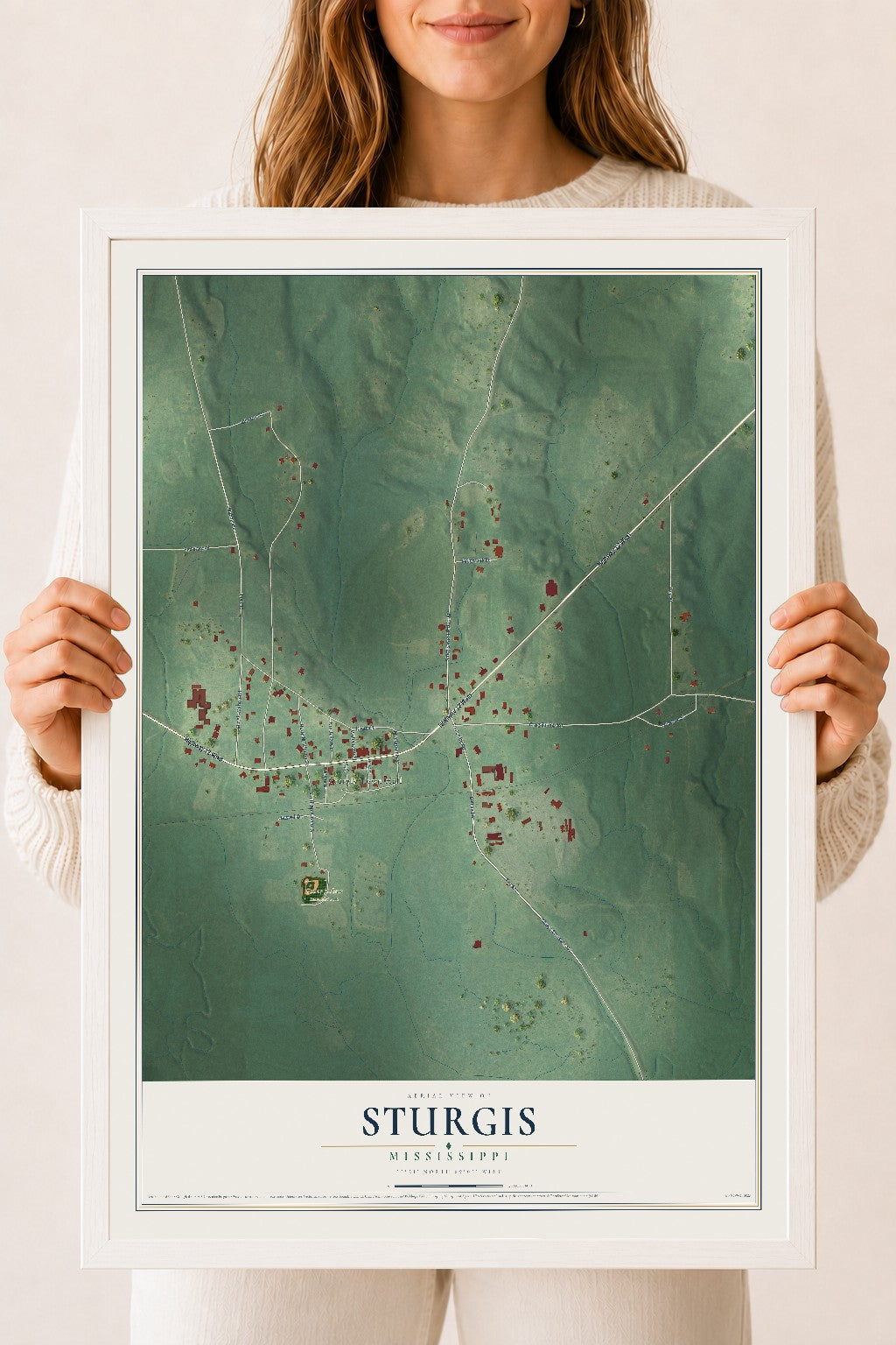 Map of Sturgis, Mississippi, 18 x 24 inch print in a white wood frame