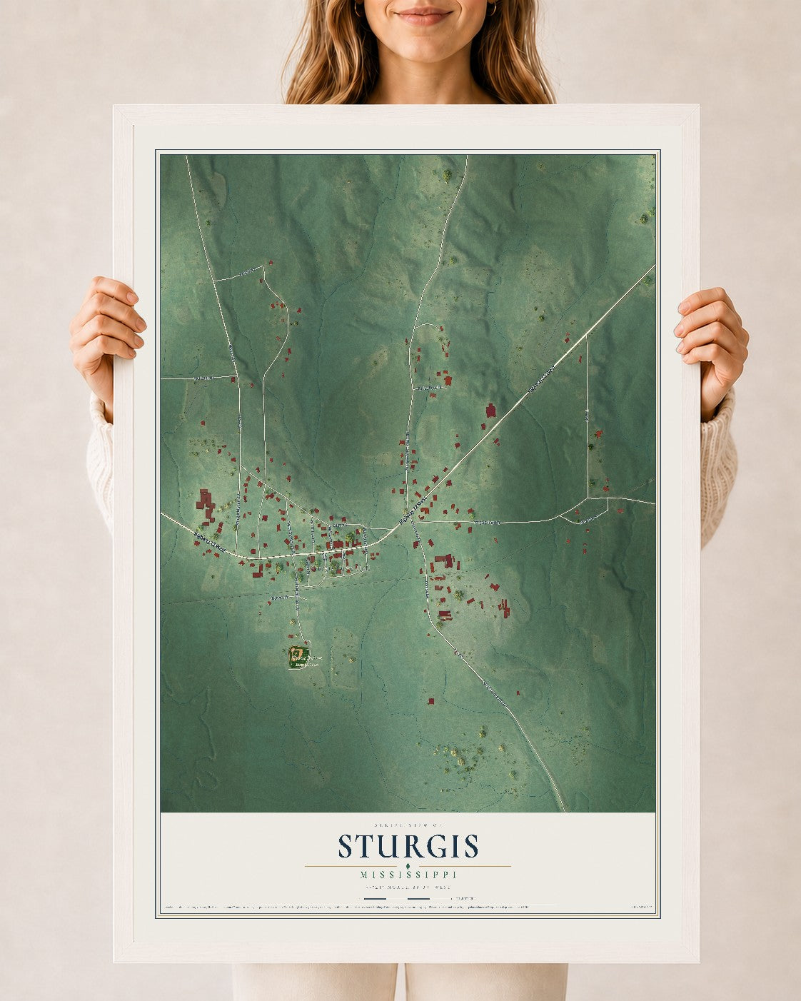Map of Sturgis, Mississippi, 24 x 36 inch print in a white wood frame
