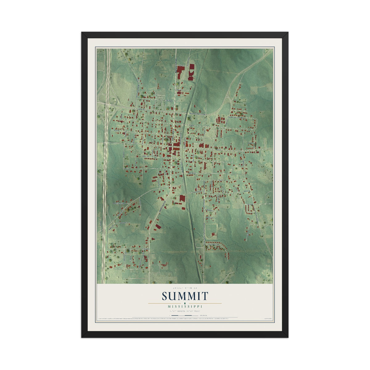 Map of Summit, Mississippi, 12 x 18 inch print in a black wood frame