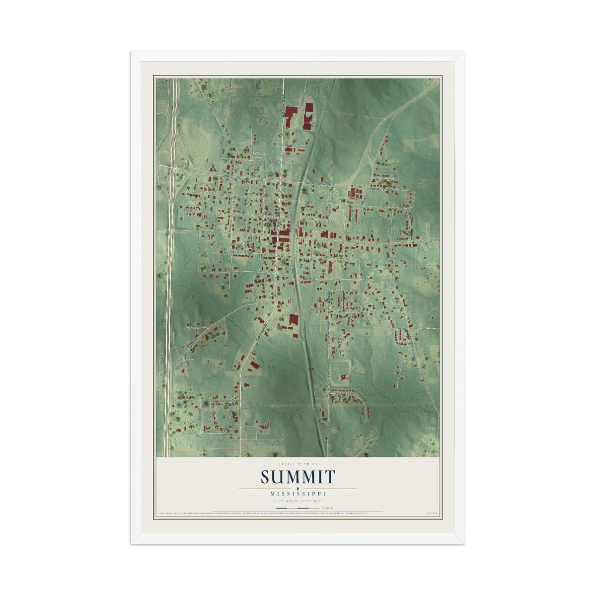 Map of Summit, Mississippi, 12 x 18 inch print in a white wood frame