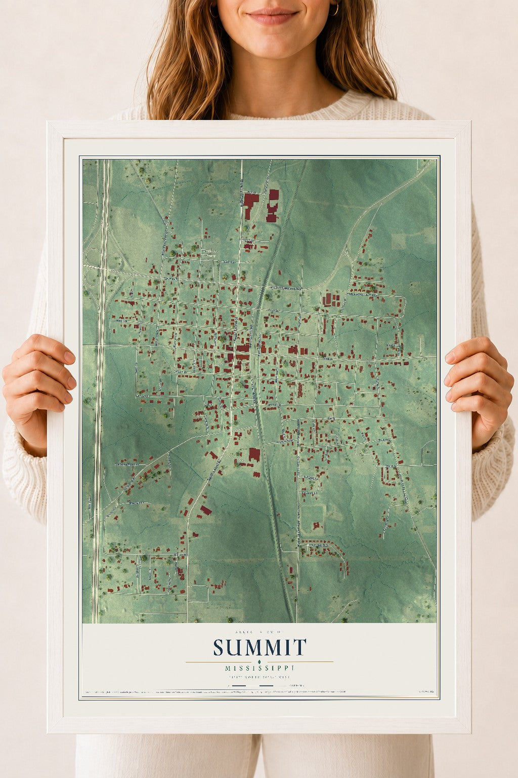 Map of Summit, Mississippi, 18 x 24 inch print in a white wood frame
