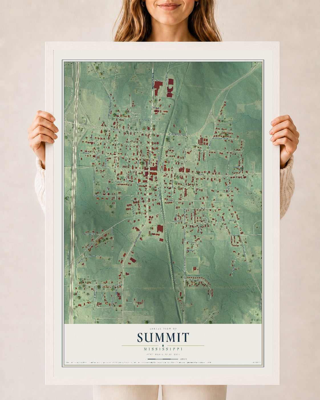 Map of Summit, Mississippi, 24 x 36 inch print in a white wood frame