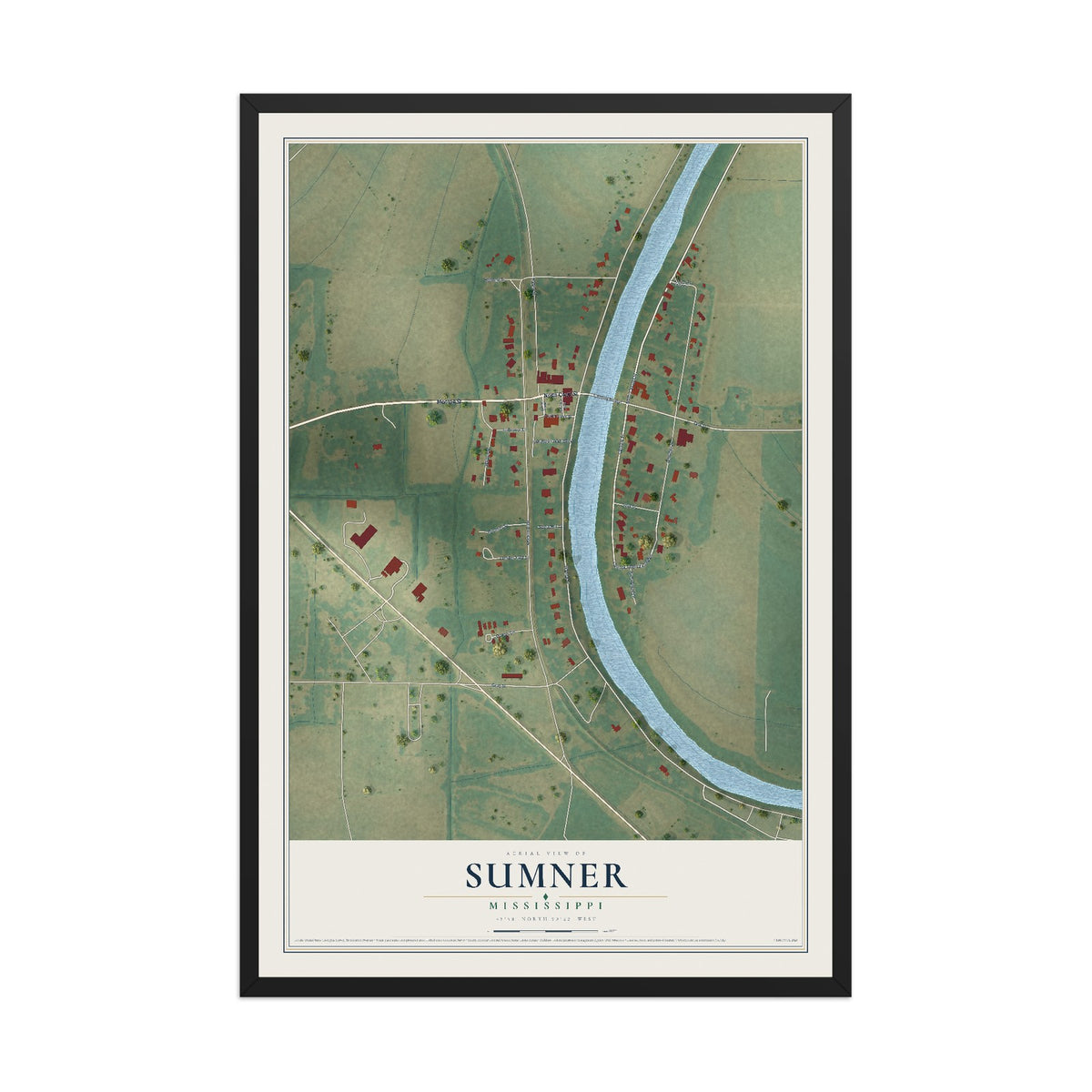 Map of Sumner, Mississippi, 12 x 18 inch print in a black wood frame