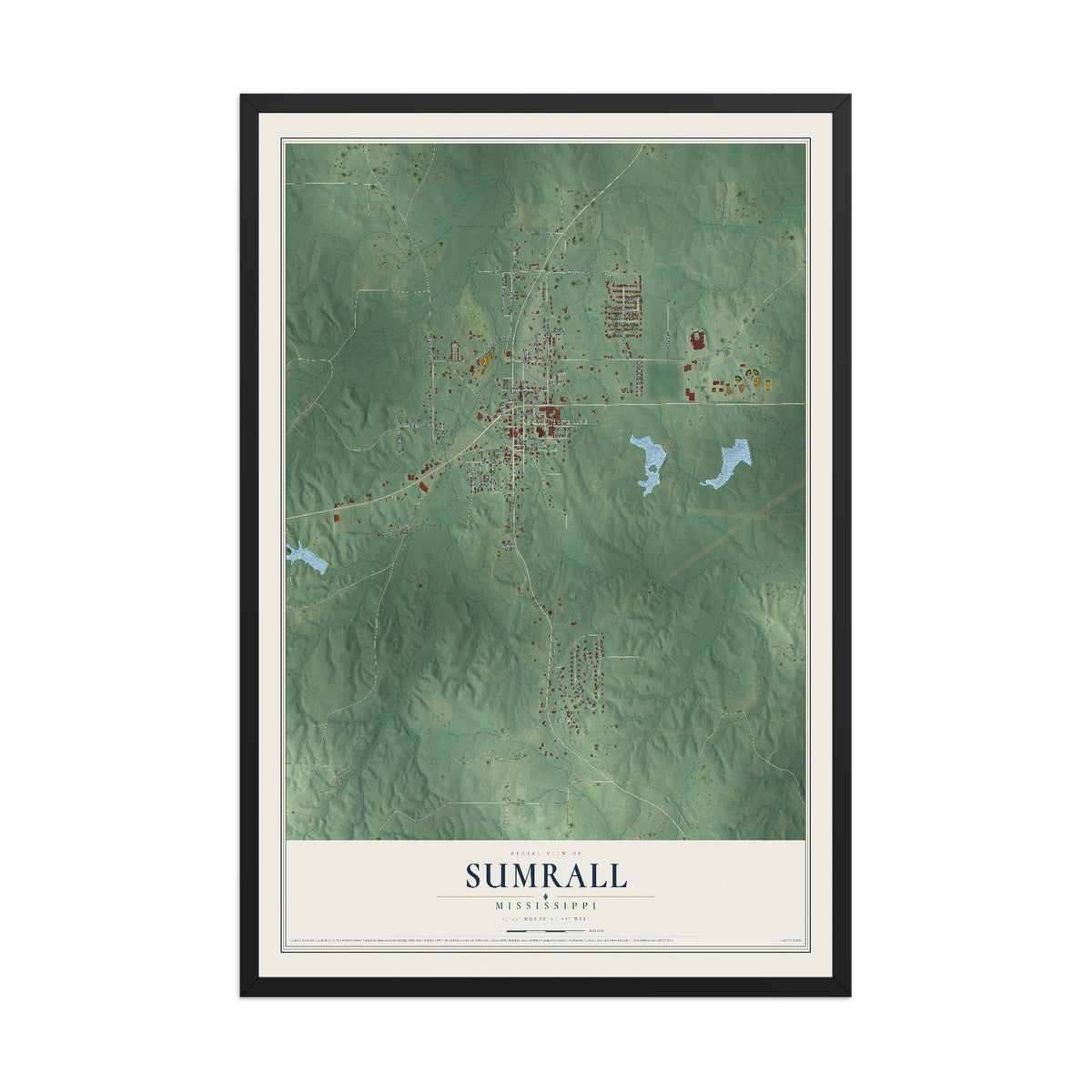 Map of Sumrall, Mississippi, 12 x 18 inch print in a black wood frame