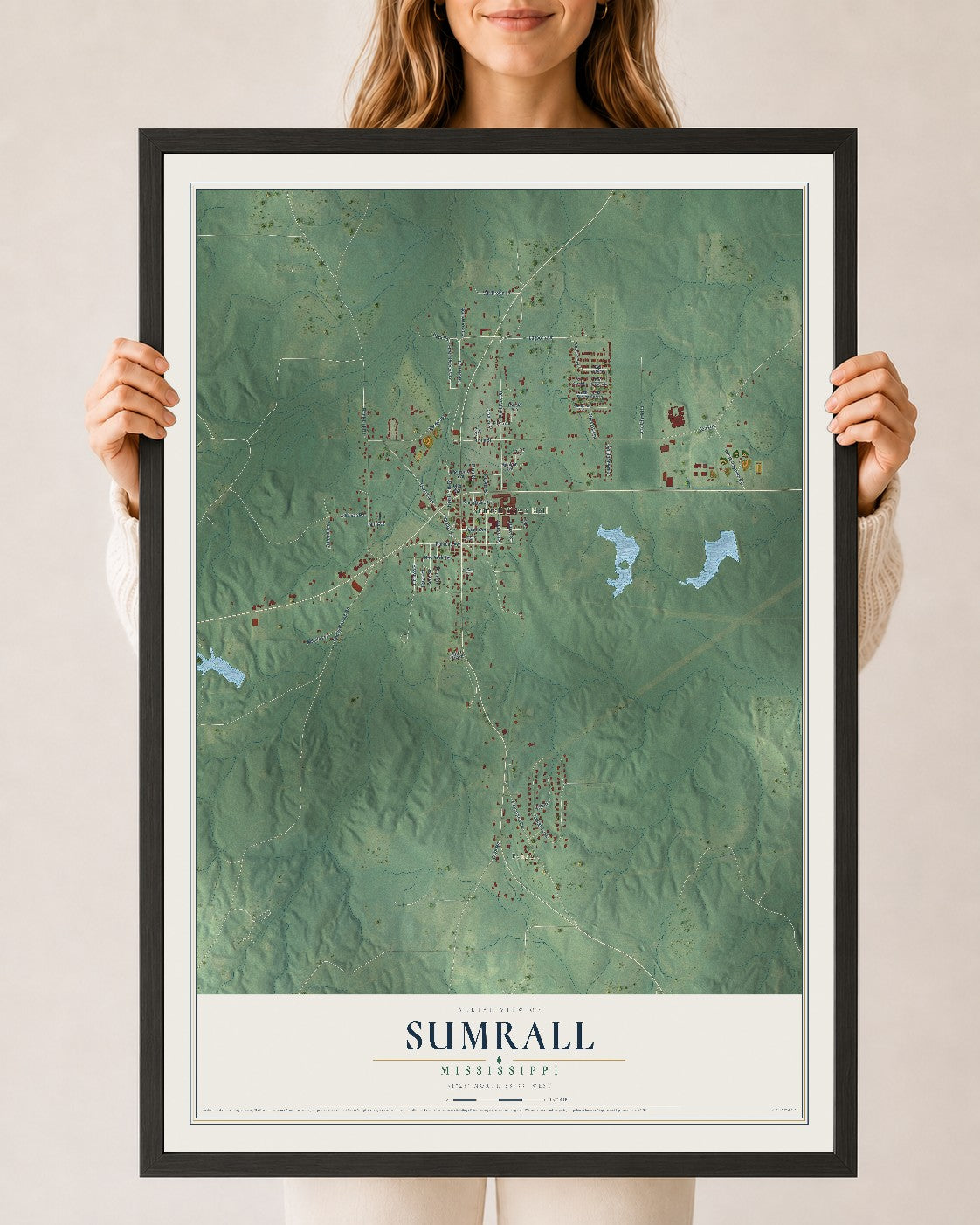 Map of Sumrall, Mississippi, 24 x 36 inch print in a black wood frame