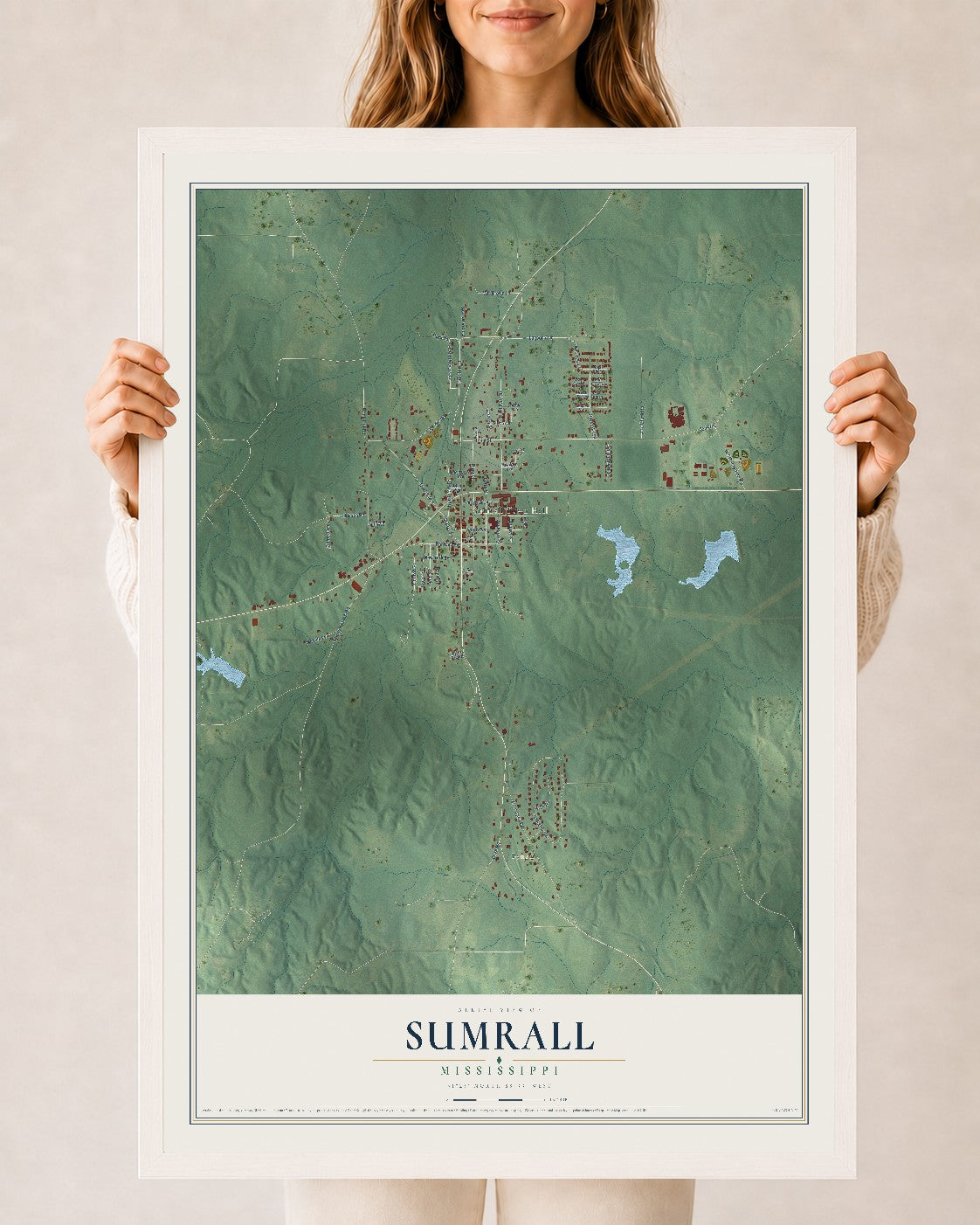 Map of Sumrall, Mississippi, 24 x 36 inch print in a white wood frame