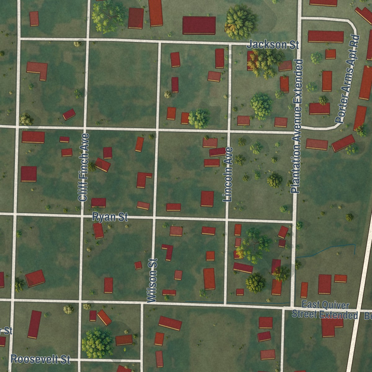 Close-up of the map of Sunflower, Mississippi print showing street and building detail