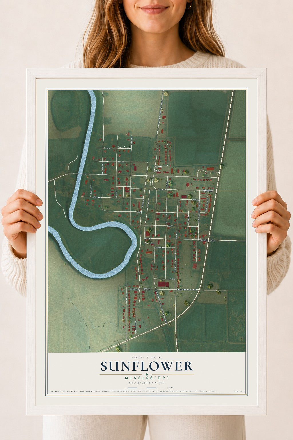 Map of Sunflower, Mississippi, 18 x 24 inch print in a white wood frame