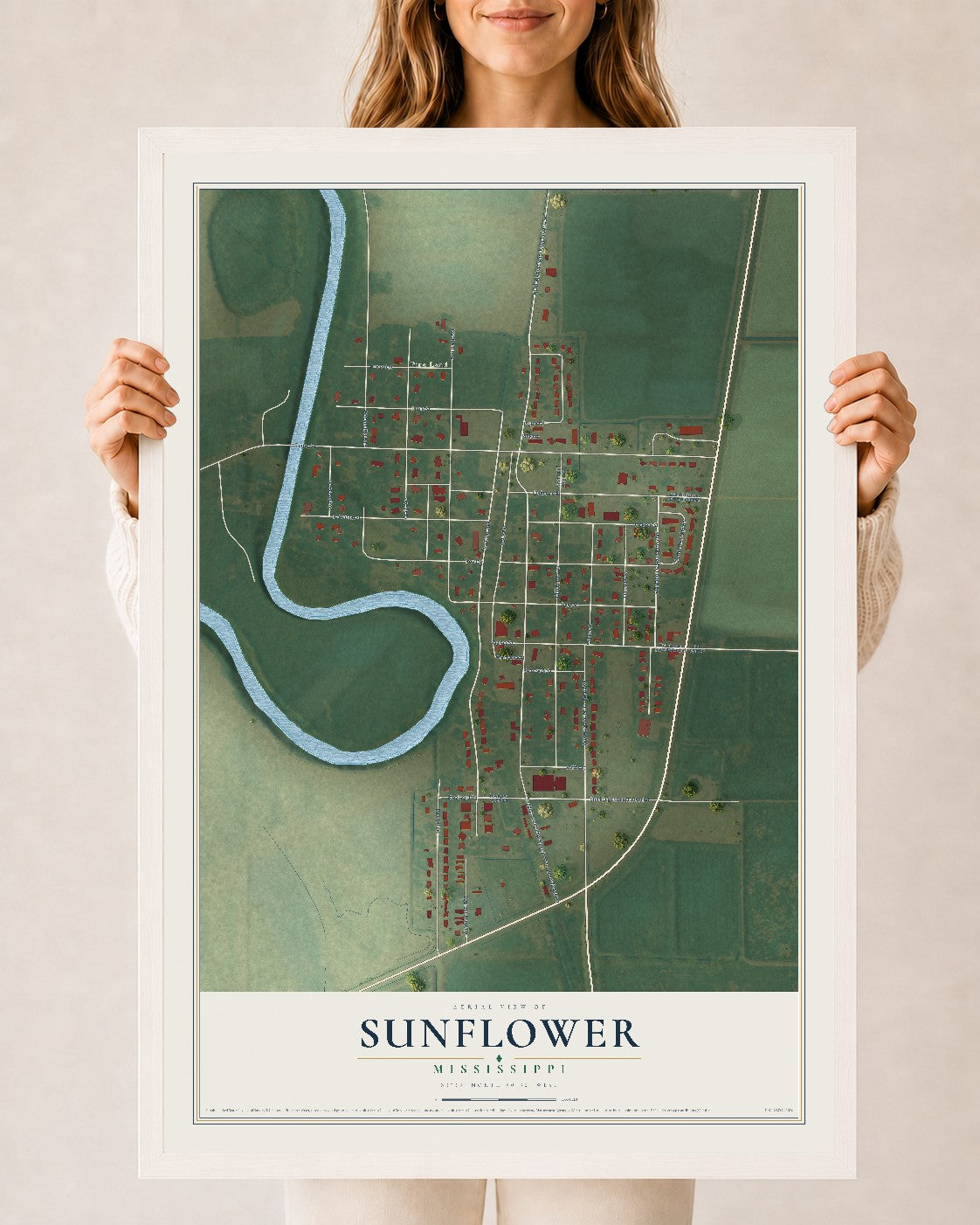 Map of Sunflower, Mississippi, 24 x 36 inch print in a white wood frame