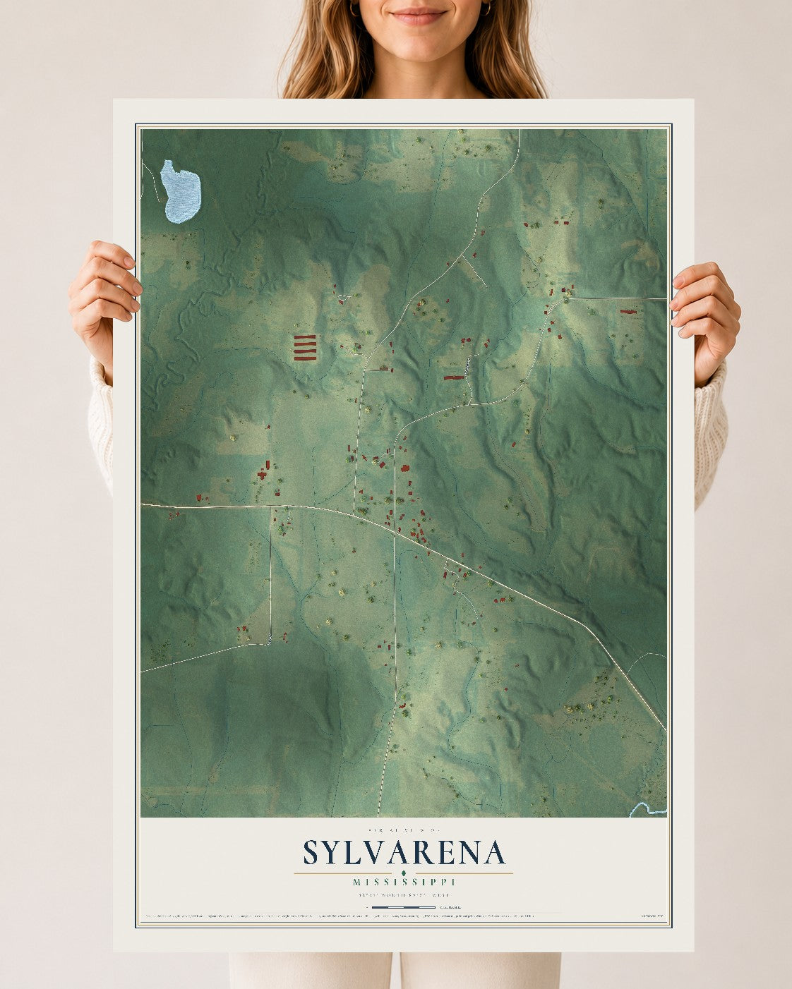 Map of Sylvarena, Mississippi, 24 x 36 inch unframed archival matte print