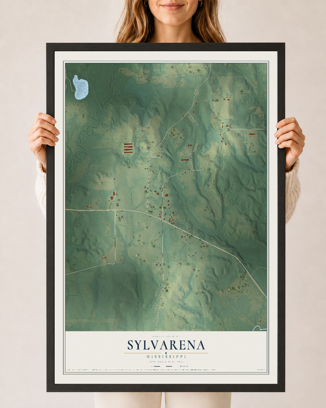 Map of Sylvarena, Mississippi, 24 x 36 inch print in a black wood frame
