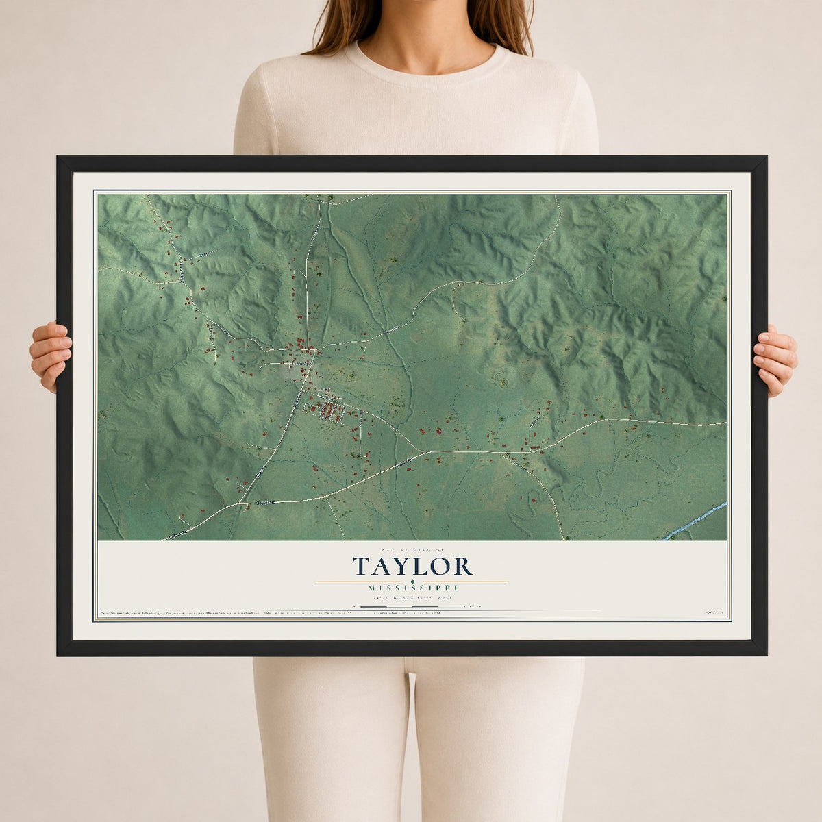 Map of Taylor, Mississippi, 24 x 36 inch print in a black wood frame