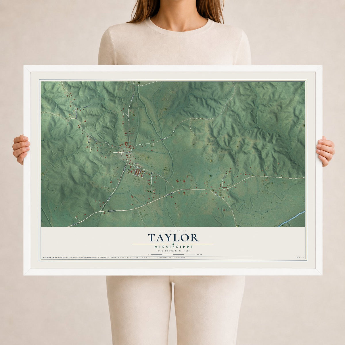 Map of Taylor, Mississippi, 24 x 36 inch print in a white wood frame