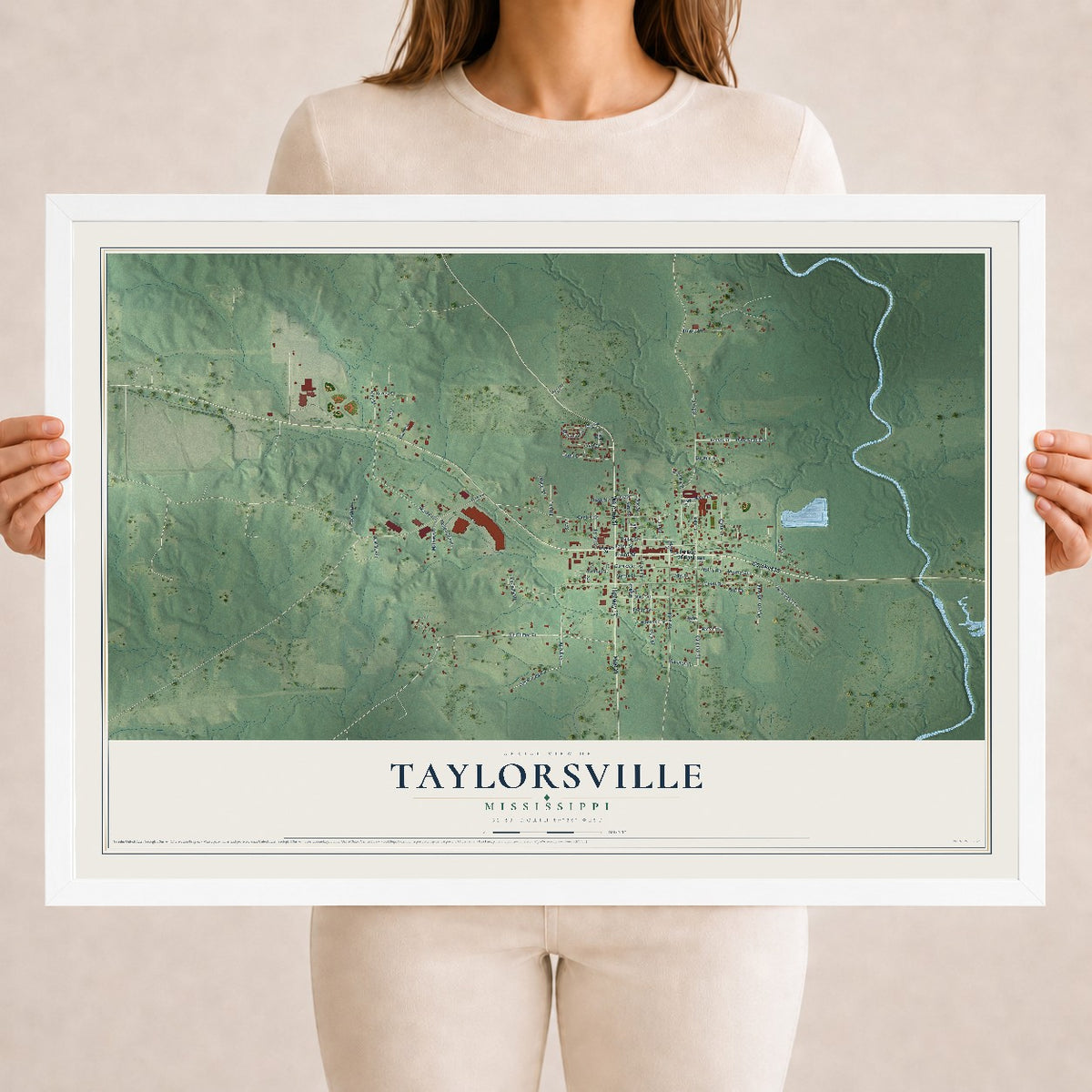 Map of Taylorsville, Mississippi, 18 x 24 inch print in a white wood frame