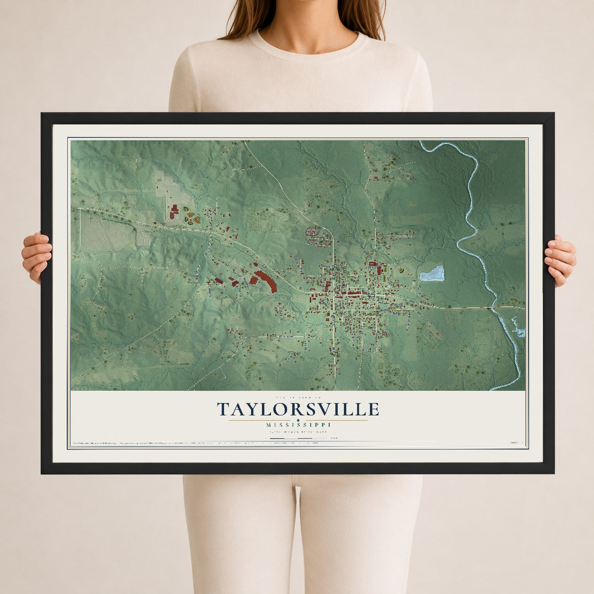 Map of Taylorsville, Mississippi, 24 x 36 inch print in a black wood frame