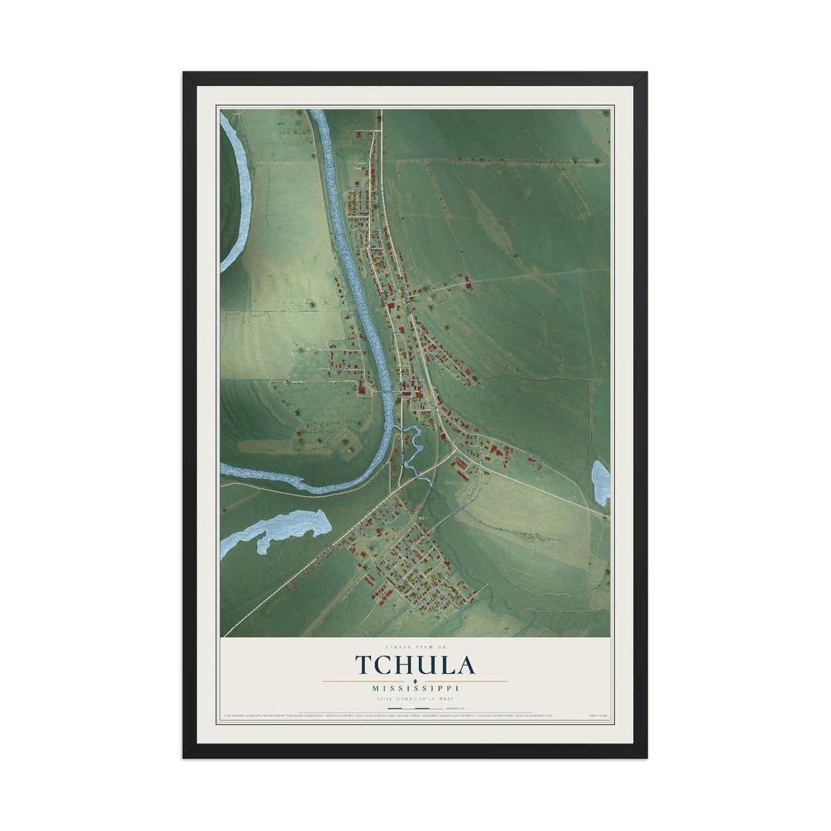 Map of Tchula, Mississippi, 12 x 18 inch print in a black wood frame