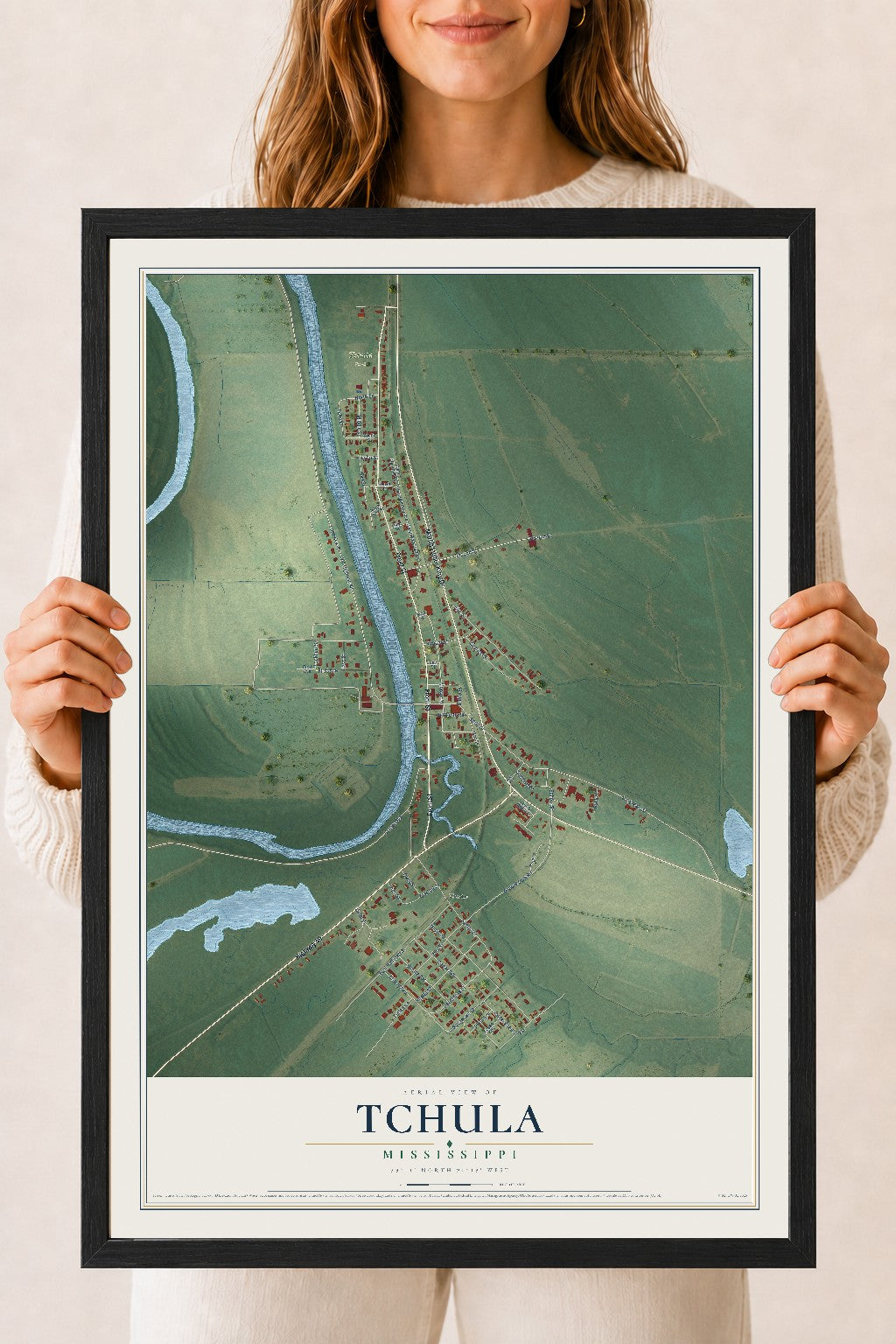 Map of Tchula, Mississippi, 18 x 24 inch print in a black wood frame