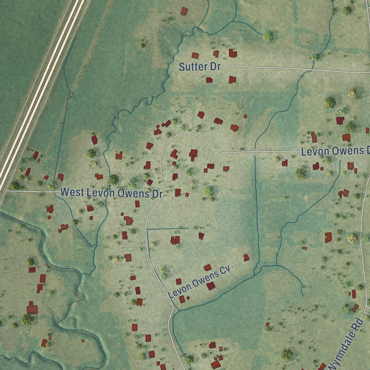 Second close-up of the map of Terry, Mississippi print showing more streets and buildings