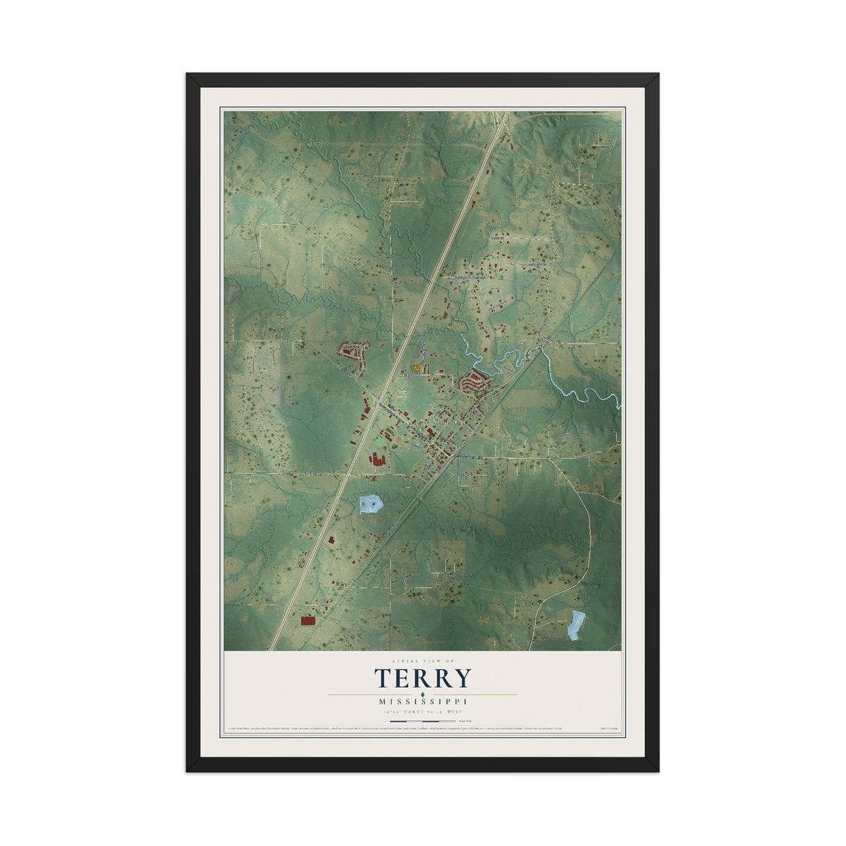 Map of Terry, Mississippi, 12 x 18 inch print in a black wood frame