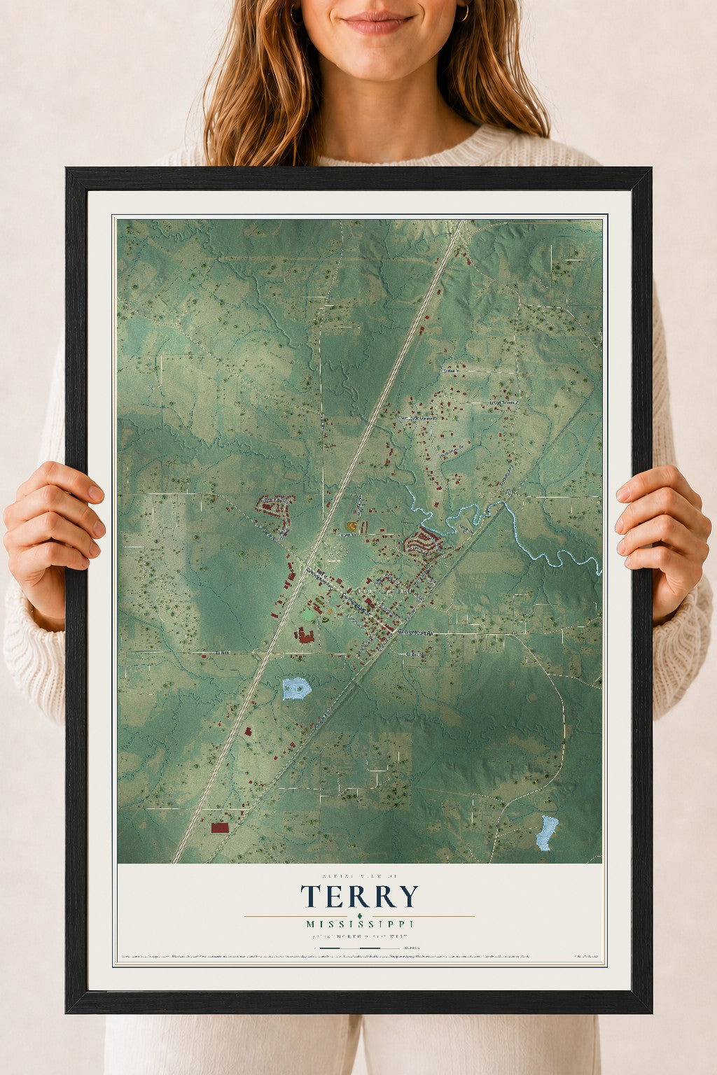 Map of Terry, Mississippi, 18 x 24 inch print in a black wood frame