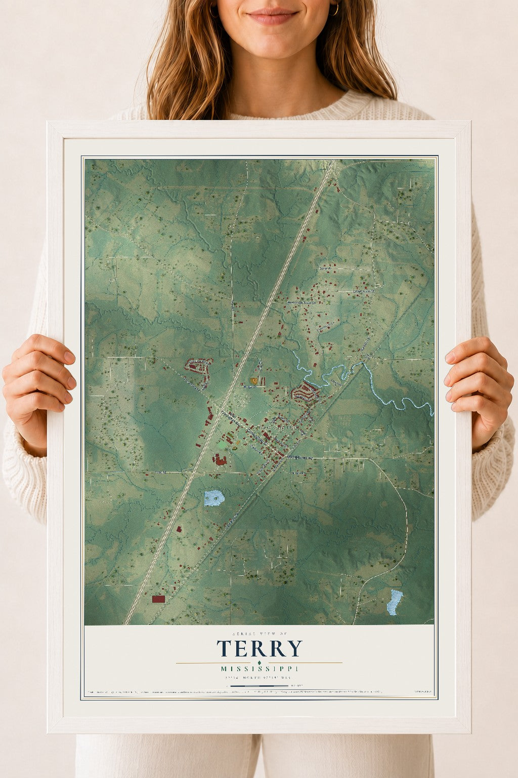 Map of Terry, Mississippi, 18 x 24 inch print in a white wood frame