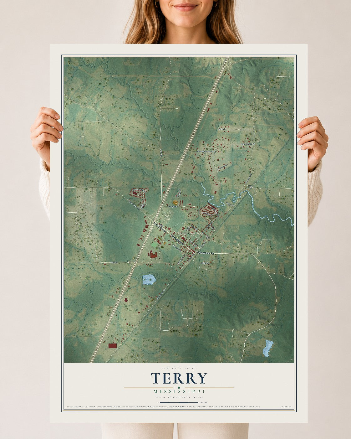 Map of Terry, Mississippi, 24 x 36 inch unframed archival matte print