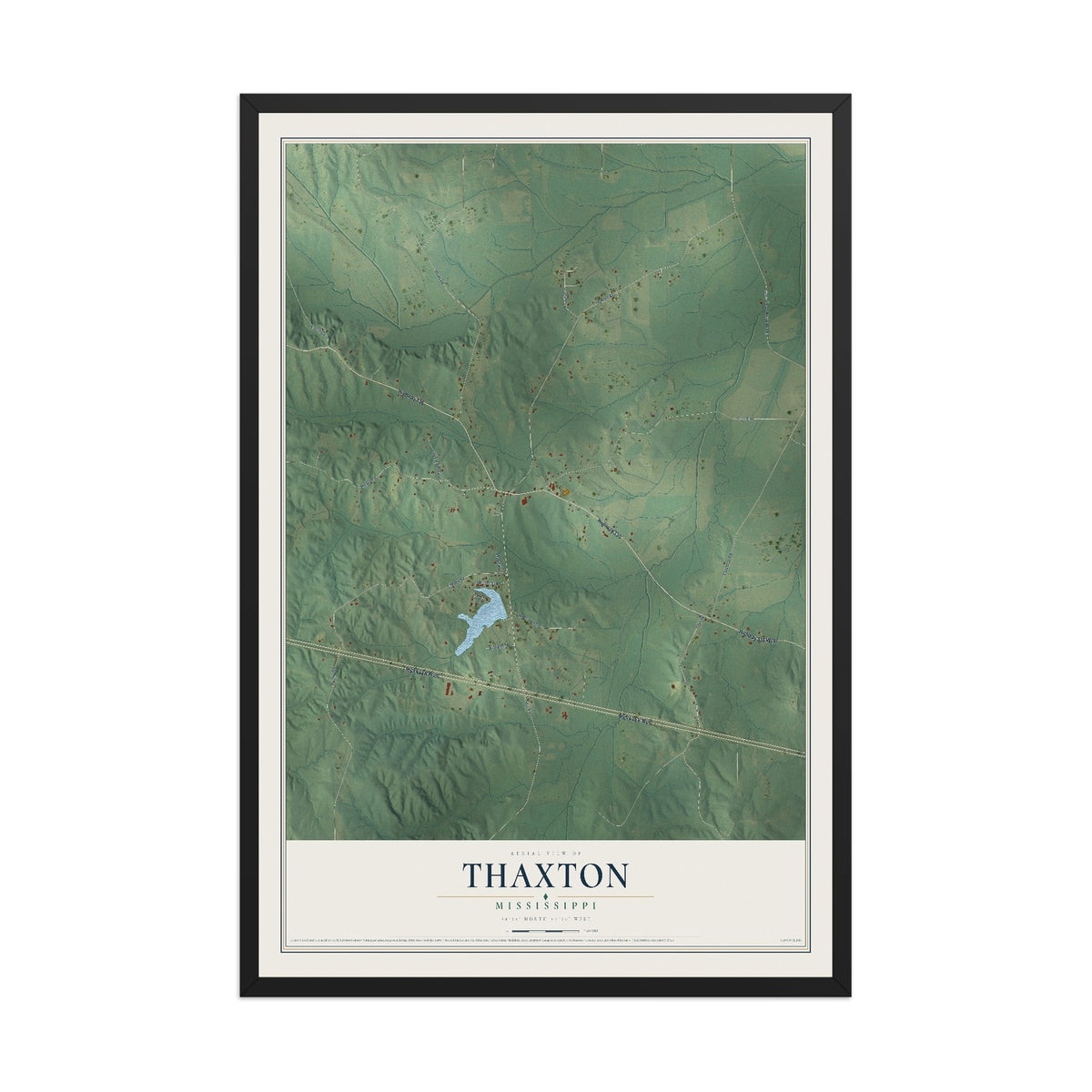 Map of Thaxton, Mississippi, 12 x 18 inch print in a black wood frame