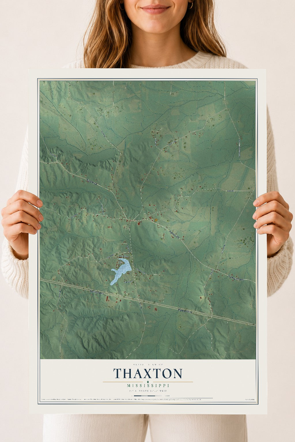 Map of Thaxton, Mississippi, 18 x 24 inch unframed archival matte print