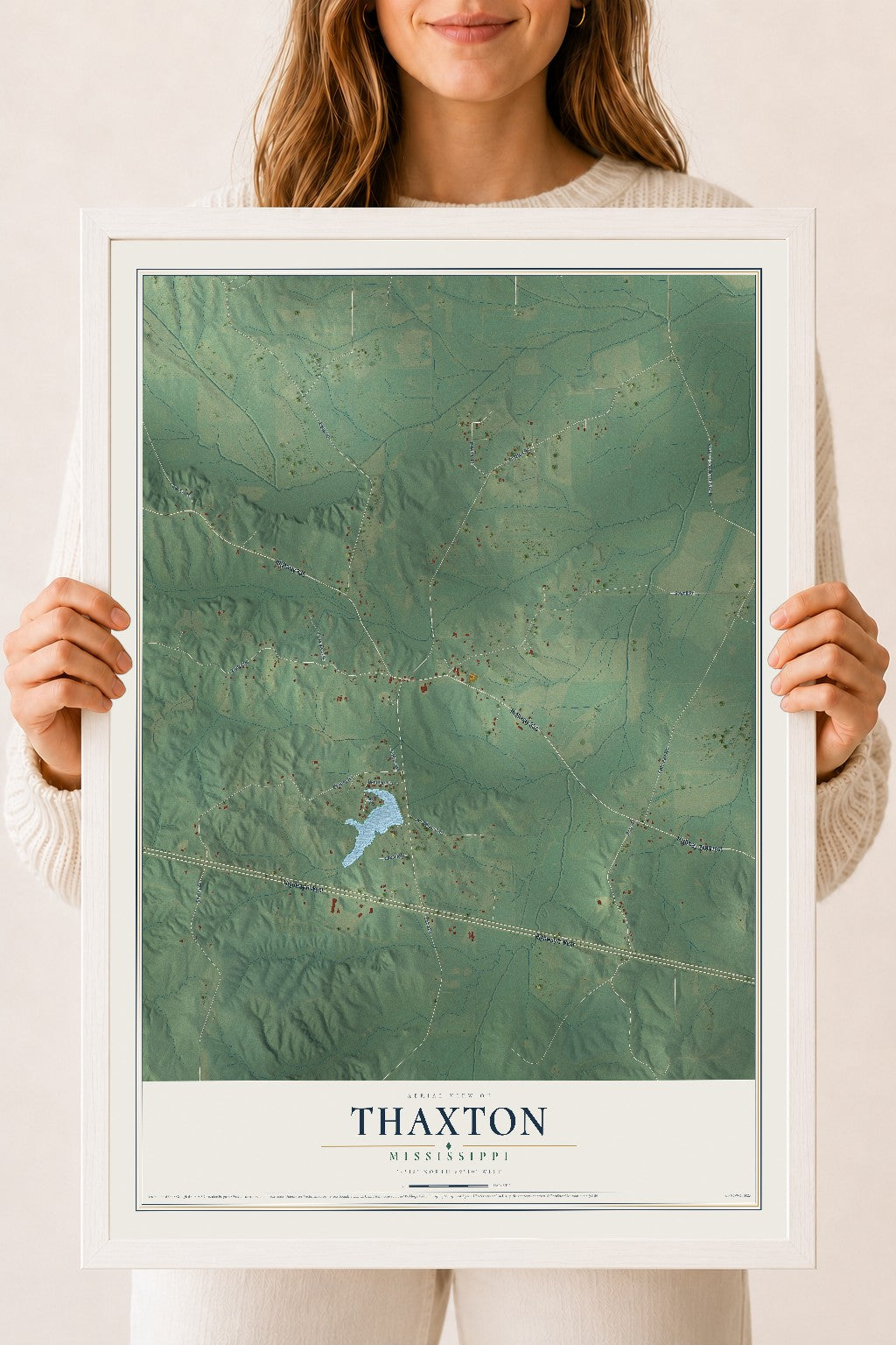 Map of Thaxton, Mississippi, 18 x 24 inch print in a white wood frame