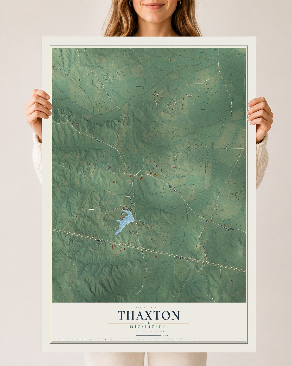 Map of Thaxton, Mississippi, 24 x 36 inch unframed archival matte print